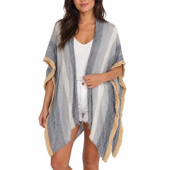 Universal Thread Accessories - Universal Thread Yellow Grey Striped Kimono Wrap Open Front Fringe